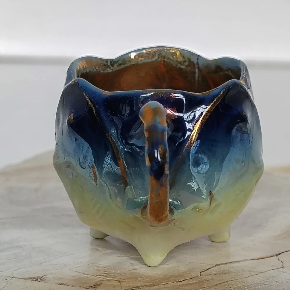 Miniature Ruffle Edge Tea Cup Saucer Blue Seaweed Yellow Gold Gilded Blowfish
